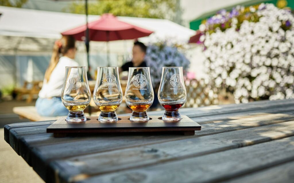 a flight of whiskies at victoria's famed macaloney's island distillery
