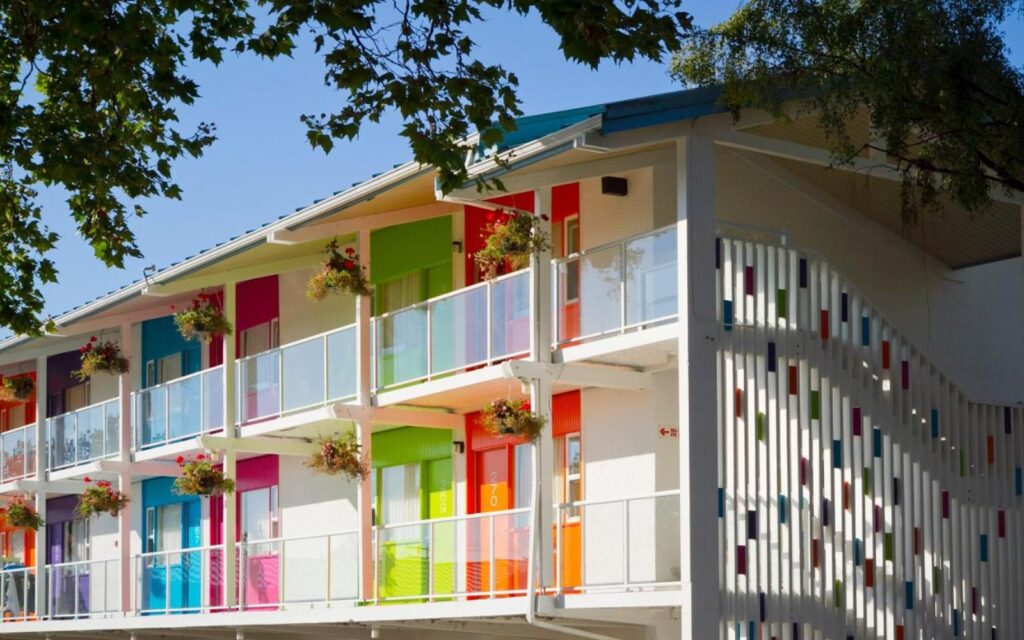 the colourful exterior of hotel zed, the best hotel in victoria for families 