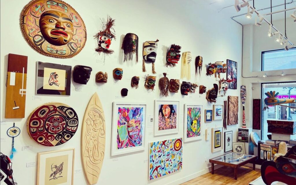 a collection of indigenous art adorns the wall at the mark loria gallery in victoria, bc.