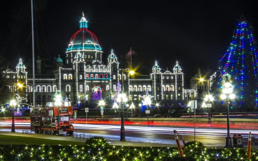 a look at the holiday lighting on the parliament buildings during the victoria bc christmas season.