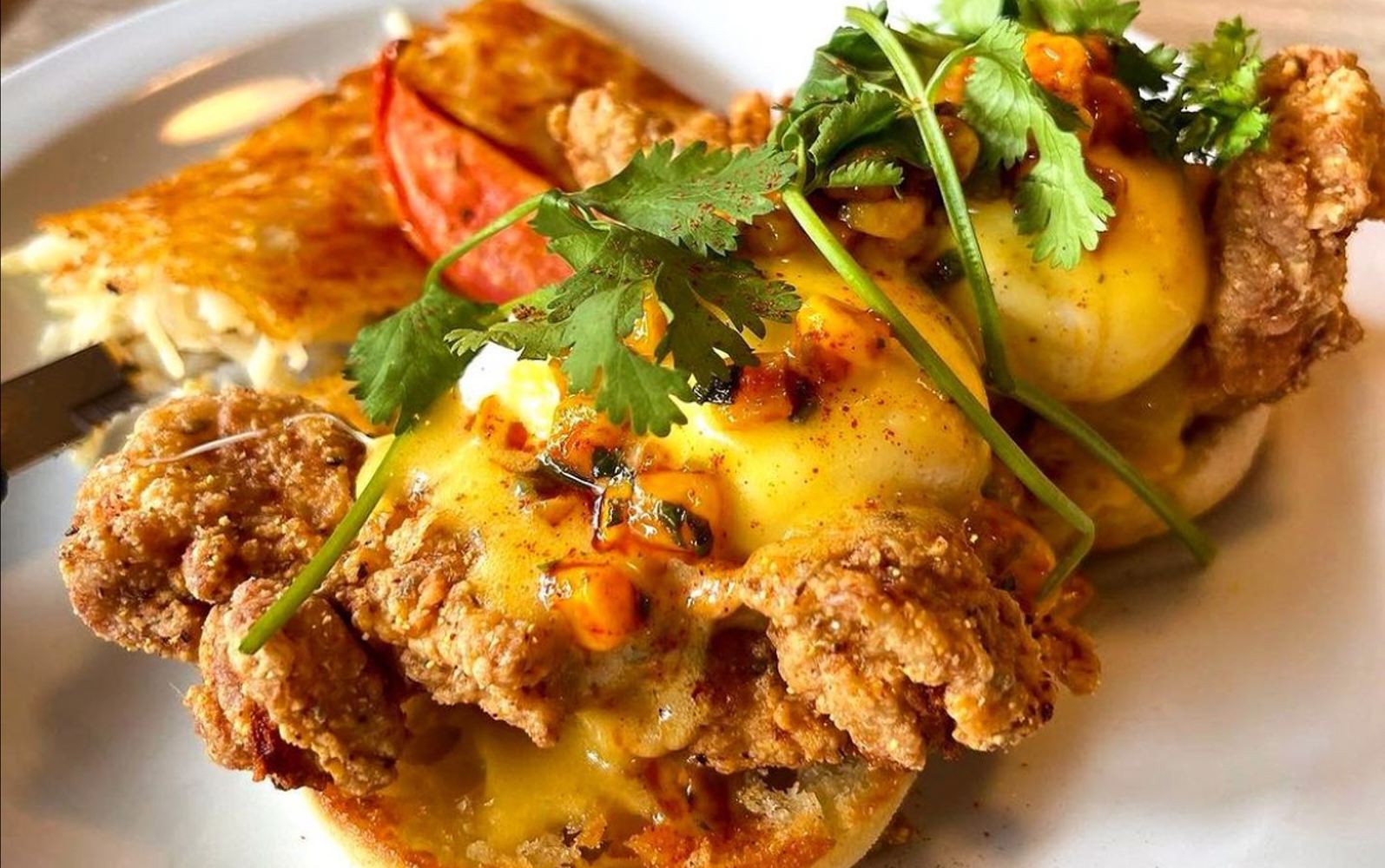 the fried chicken benny at jam cafe, our choice for the best breakfast in victoria