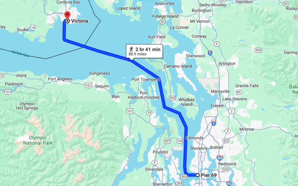 A map illustrating how to get to Victoria from Seattle.
